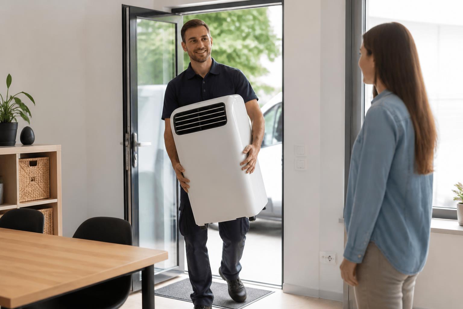 Technicien installant un climatiseur mobile
